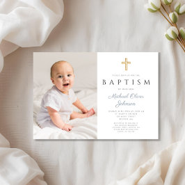 Invitación Duste Blue Script Cross Boy Photo Baptism