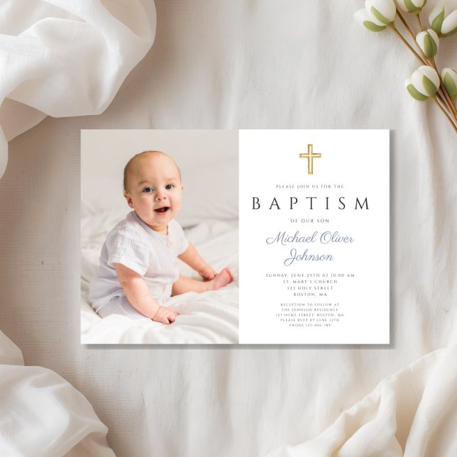 Invitación Duste Blue Script Cross Boy Photo Baptism (Dusty Blue Script Cross Boy Photo Baptism Invitation)