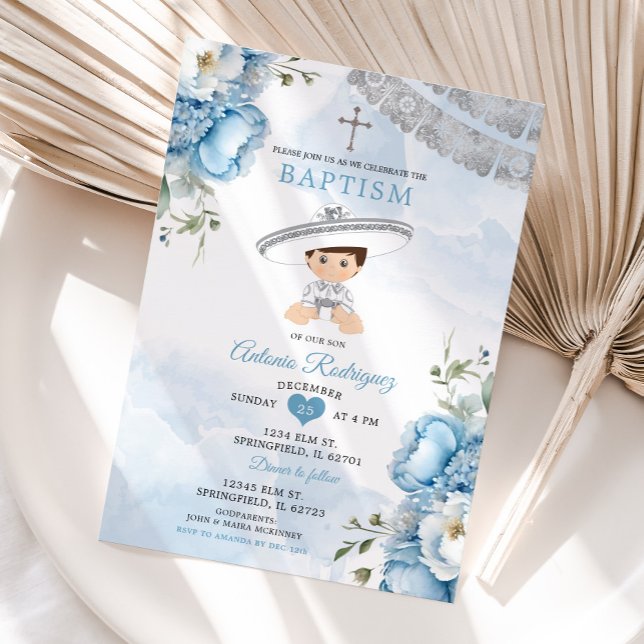 Invitación Duste Blue Silver Floral Niño Mexicano Bautismo (Subido por el creador)