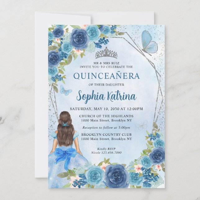 Invitación Duste Blue Silver Glam Floral Princesa Quinceañera (Anverso)