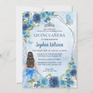Invitación Duste Blue Silver Glam Floral Princesa Quinceañera