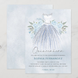 Invitación Duste Blue Silver purpurina Vestido Floral Quincea
