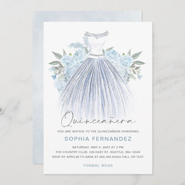 Invitación Duste Blue Silver purpurina Vestido Floral Quincea (Anverso / Reverso)