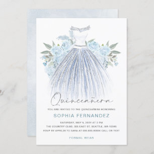 Invitación Duste Blue Silver purpurina Vestido Floral Quincea