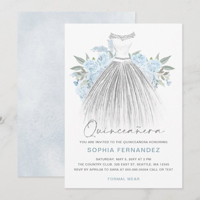 Invitación Duste Blue Silver purpurina Vestido Floral Quincea (Anverso / Reverso)