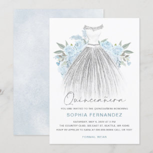 Invitación Duste Blue Silver purpurina Vestido Floral Quincea