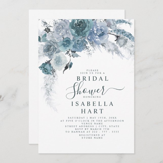 Invitación Duste Blue Slate Boho Pampas Floral Bridal Shower (Anverso / Reverso)