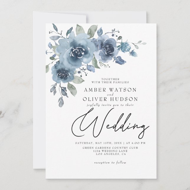Invitación Duste Blue Slate Pastel Luz Floral Floral Boho Bod (Anverso)