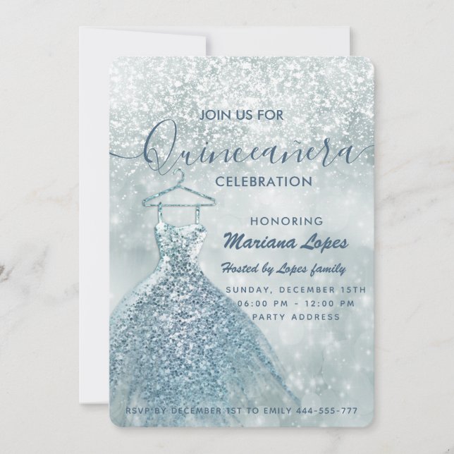 Invitación Duste blue snow wonderland Quinceañera Invi (Anverso)