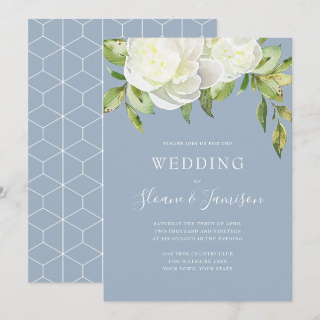 Invitación Duste Blue Spring Floral Peony Boda (Anverso / Reverso)