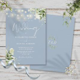 Invitación Duste Blue String Lights Floral Monograma Boda