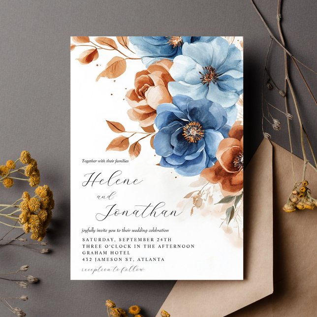 Invitación Duste Blue Terracotta Rust Elegante Boda floral (Dusty Blue Terracotta Rust Elegant Floral Wedding Invitation)