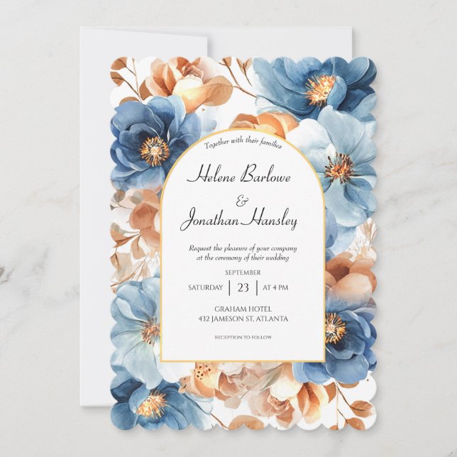 Invitación Duste Blue Terracotta Rust Elegante Boda floral (Anverso)