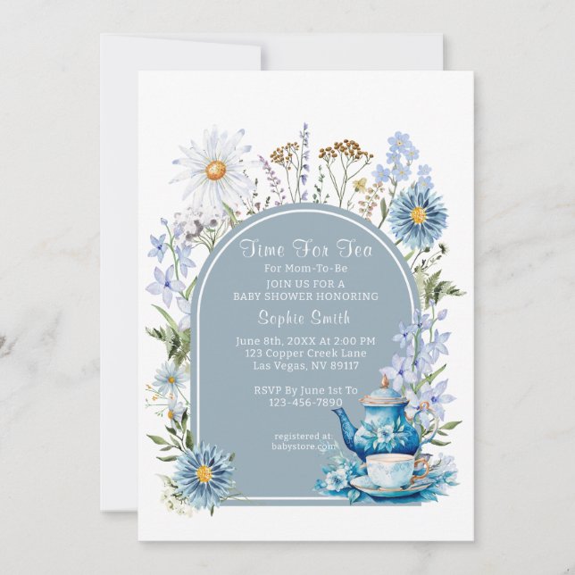 Invitación Duste Blue Time Para El Tea Baby Shower (Anverso)