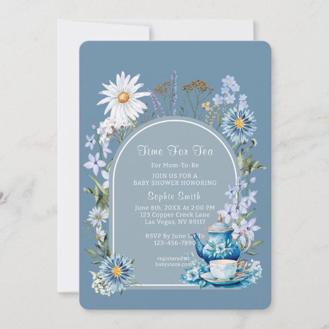 Invitación Duste Blue Time Para El Tea Baby Shower (Anverso)