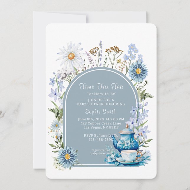 Invitación Duste Blue Time Para El Tea Baby Shower (Anverso)