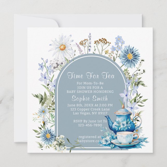 Invitación Duste Blue Time para Tea Boho Garden Baby Shower (Anverso)