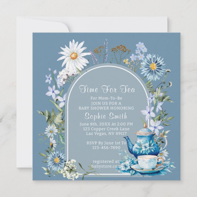 Invitación Duste Blue Time para Tea Wildflower Baby Shower (Anverso)