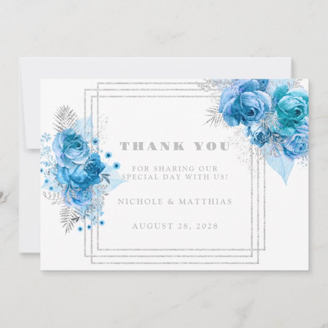 Invitación Duste Blue Verde azulada Silver Peony Gracias Cart (Anverso)