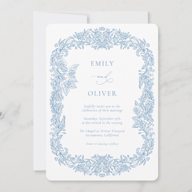 Invitación Duste Blue Vintage Boda barroco floral (Anverso)