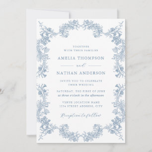 Invitación Duste Blue Vintage Floral Elegante Boda