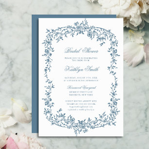Invitación Duste Blue Vintage Floral Script Bridal Shower