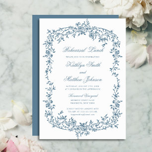 Invitación Duste Blue Vintage Floral Script de ensayo Lunes