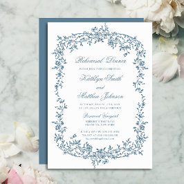 Invitación Duste Blue Vintage Floral Script Prueba Cena