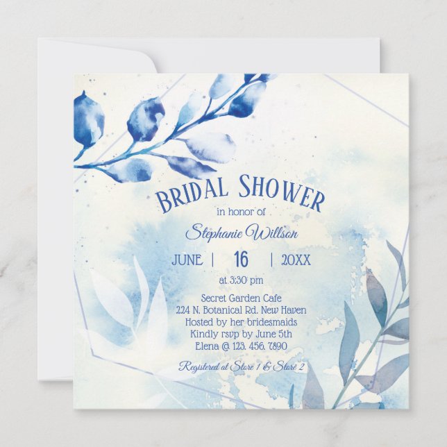 Invitación Duste Blue Watercolor Bridal Shower (Anverso)