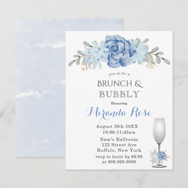 Invitación Duste Blue Watercolor Brunch & Bubbly Invita (Anverso / Reverso)