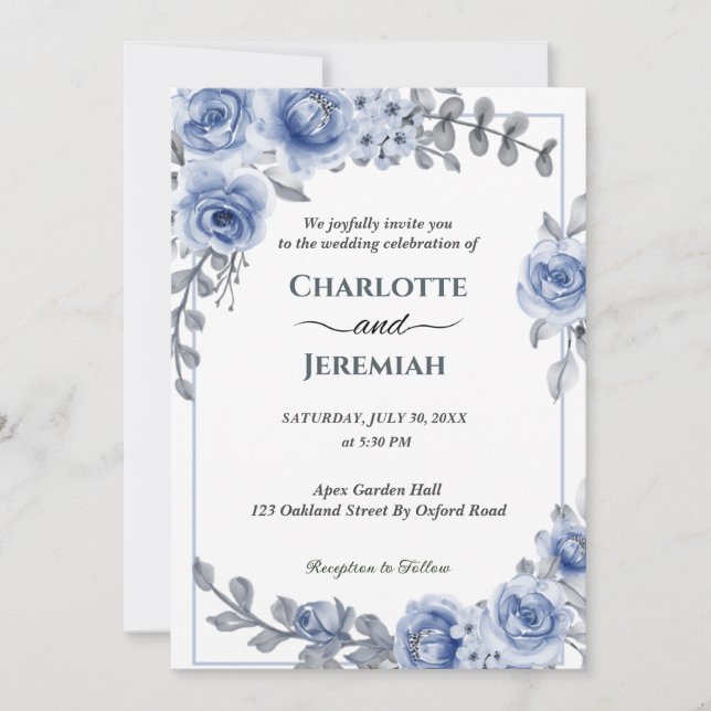 Invitación Duste Blue Watercolor Eucalyptus Wreath Boda (Anverso)