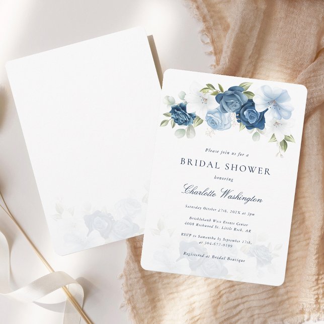 Invitación Duste Blue Watercolor Floral Bridal Shower (Dusty Blue Floral Elegant Bridal Shower Invitation)