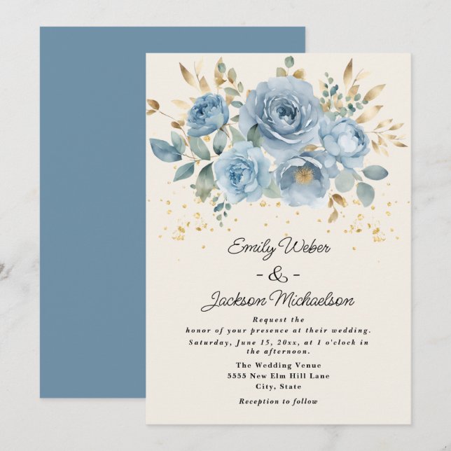 Invitación Duste Blue Watercolor Floral Gold Leaves Boda (Anverso / Reverso)