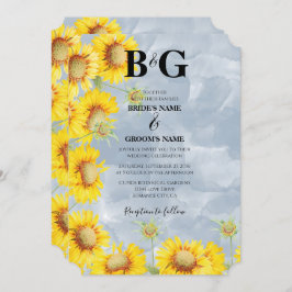 Invitación Duste Blue Watercolor Sunflowers Monograma Boda
