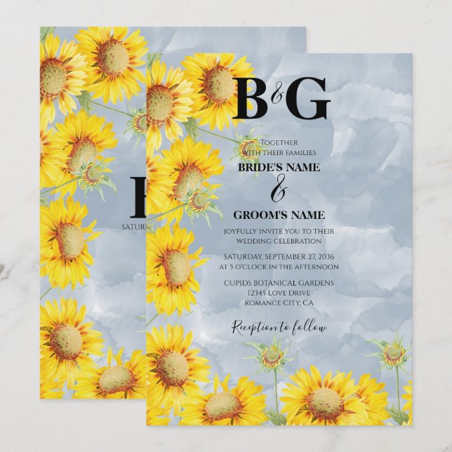 Invitación Duste Blue Watercolor Sunflowers Monograma Boda (Anverso / Reverso)
