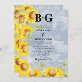 Invitación Duste Blue Watercolor Sunflowers Monograma Boda