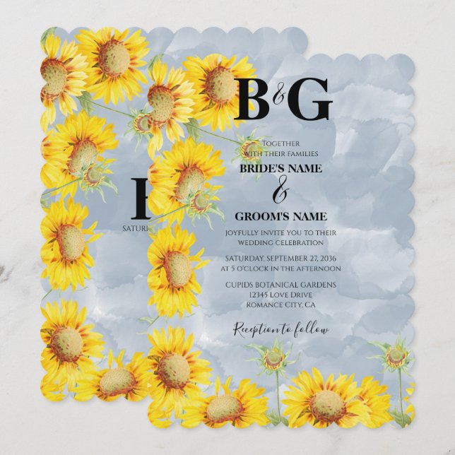 Invitación Duste Blue Watercolor Sunflowers Monograma Boda (Anverso / Reverso)