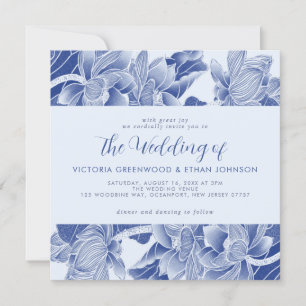 Invitación Duste Blue White Chinoiserie Boda Floral Square