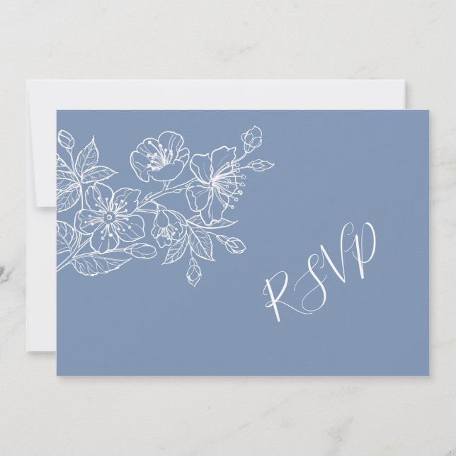Invitación Duste Blue White Floral Line Art RSVP (Reverso)