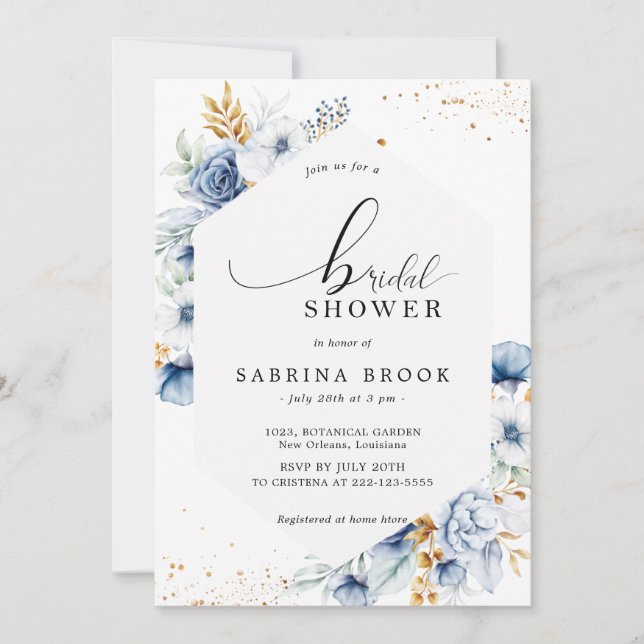 Invitación Duste Blue White Gold Floral Bridal Shower (Anverso)
