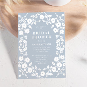 Invitación Duste Blue White Stylish Folk Floral Bridal Shower