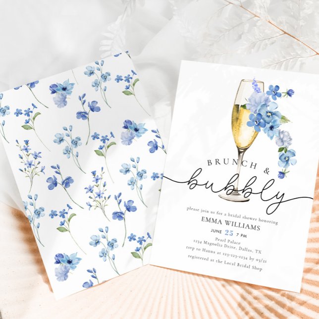 Invitación Duste Blue Wildflower Brunch Bubbly Bridal Shower (Subido por el creador)