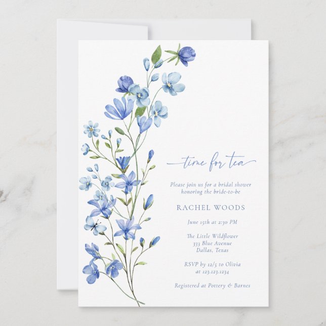 Invitación Duste Blue Wildflower Hora Del Té Bridal Shower (Anverso)