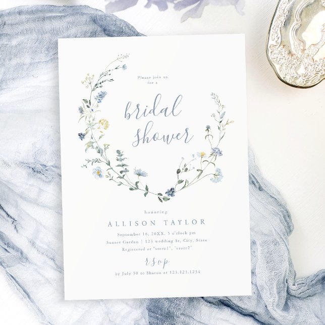 Invitación Duste Blue Wildflower Rustic Boho Bridal Shower (Dusty Blue Wildflower Rustic Boho Bridal Shower Invitation)