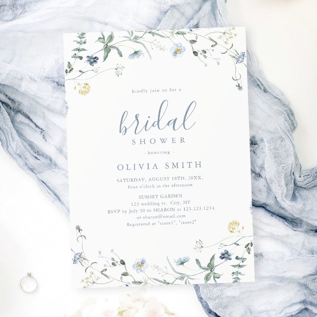 Invitación Duste Blue Wildflower Rustic Boho Bridal Shower (Dusty Blue Wildflower Rustic Boho Bridal Shower Invitation)