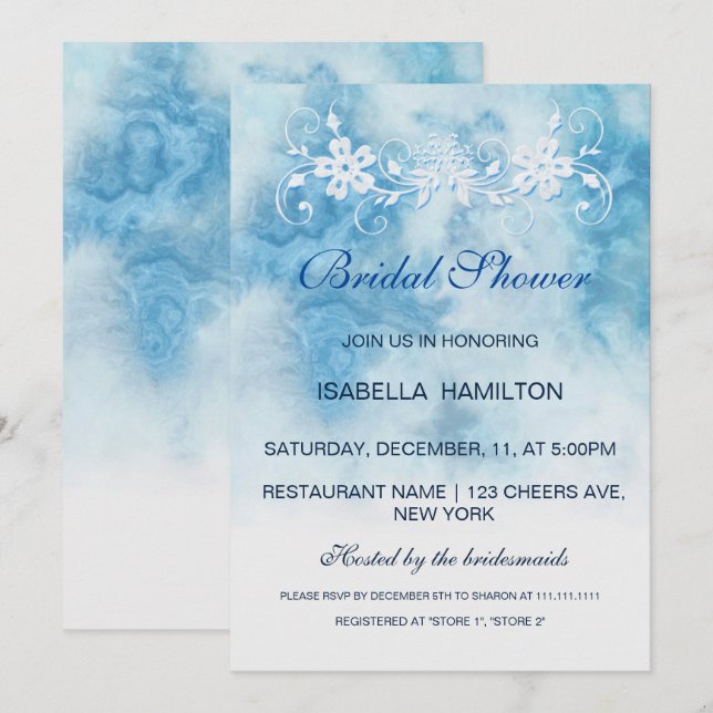 Invitación Duste Blue Winter Script Caligrafía Bridal Shower (Anverso / Reverso)