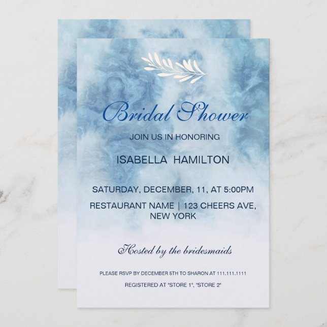 Invitación Duste Blue Winter Script Caligrafía Bridal Shower (Anverso / Reverso)