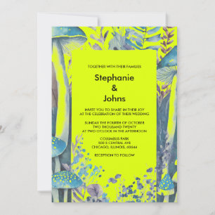 Invitación Duste Blue Woodlands Mushroom Boda Verde Amarillo
