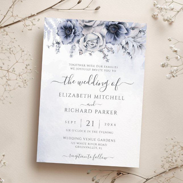 Invitación Duste Blue Y Navy Floral Elegante Boda (Subido por el creador)