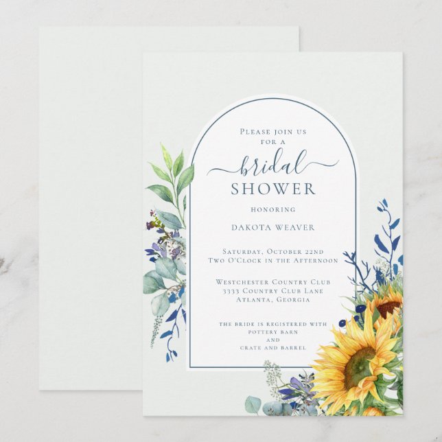 Invitación Duste Blue Yellow Sunflower Bridal Shower (Anverso / Reverso)